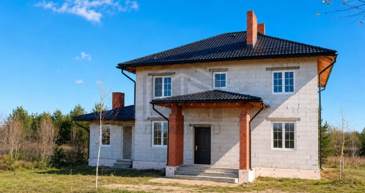 Главный фасад дома из газосиликатных блоков в Жуковском