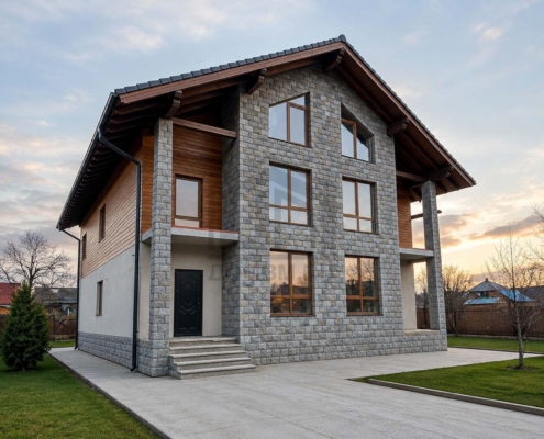 01-glavnyy-fasad-dom-stil-shale-podolsk Главный фасад дома в стиле шале в Подольске