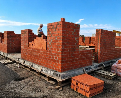 Стены первого этажа дома из кирпича в Звенигороде, микрорайон Спартак