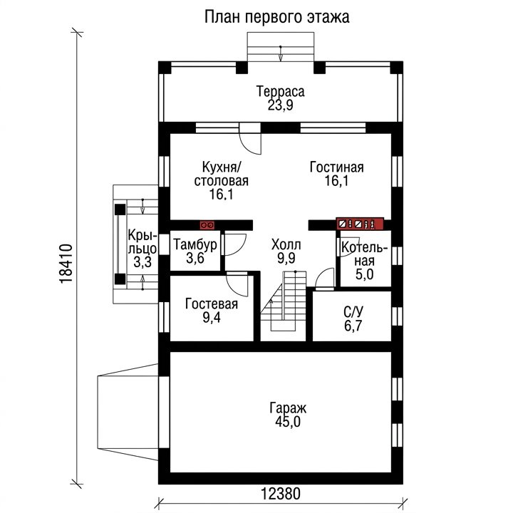 Проект дома из газобетона 180 м² с гаражом 64-19 — План 1 этажа