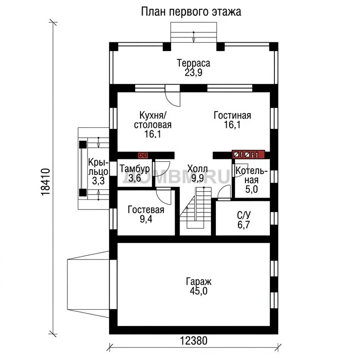 Проект дома из газобетона 180 м² с гаражом — План 1 этажа
