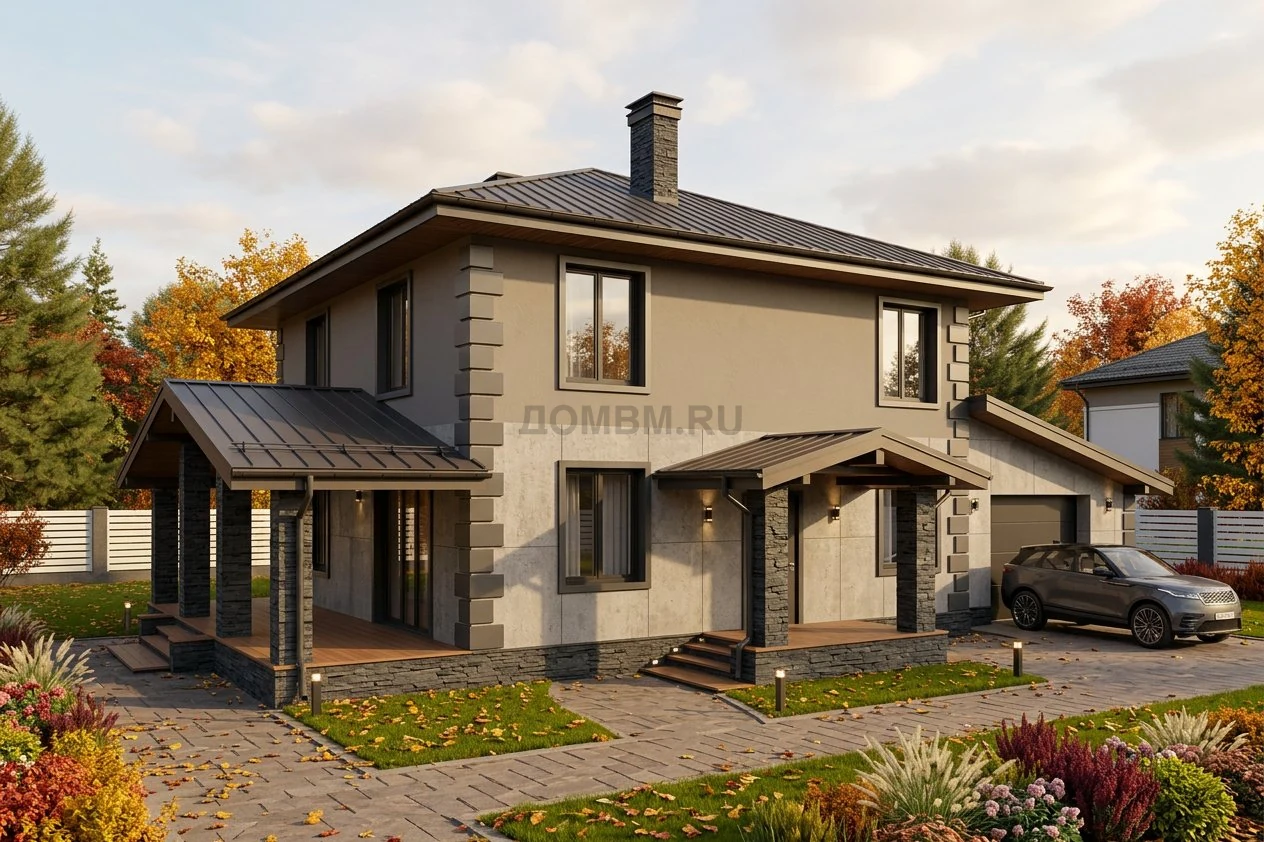 Проект 64-19 - визуализация дома из газобетона 180 м² с гаражом и террасой